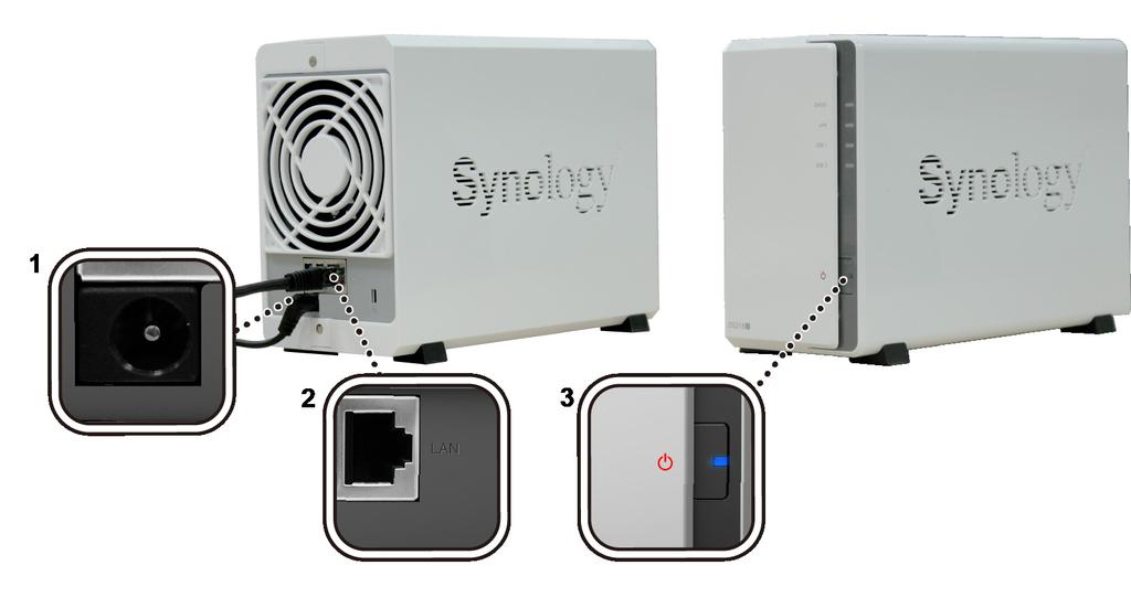 zasilania serwera DiskStation. Podłącz zasilacz do gniazda elektrycznego.