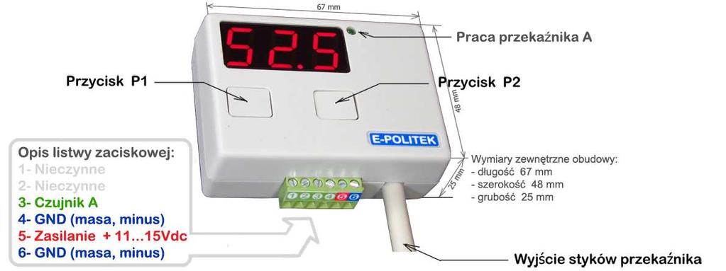 WYPROWADZENIA I SCHEMATY Wygląd zewnętrzny wraz z opisem Podstawowy schemat podłączenia termostatu do odbiornika Schemat podłączenia sterownika z dodatkowym przekaźnikiem