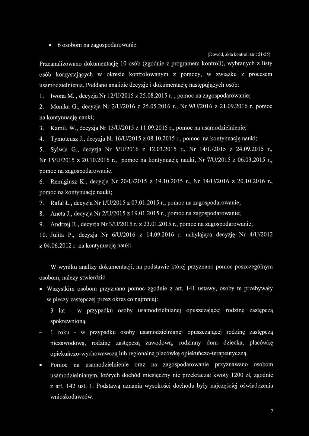 Poddano analizie decyzje i dokumentację następujących osób: 1. Iwona M., decyzja N r 12/U/2015 z 25.08.2015 r., pomoc na zagospodarowanie; 2. Monika G., decyzja Nr 2/U/2016 z 25.05.2016 r.