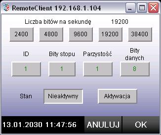 Modbus RTU Aby aktywować ten sposób komunikacji należy najpierw ustawić parametry (prędkość transmisji - liczba bitów na sekundę, ID - adres, ilość bitów stopu, parzystość, ilość bitów danych),