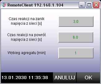 - Ustawienia / Nastawa czasów W tym podmenu można ustawić czasy: - reakcji na zanik napięcia z sieci (w sekundach, min 0.5, max 30) - reakcji na powrót napięcia z sieci (w sekundach, min 0.