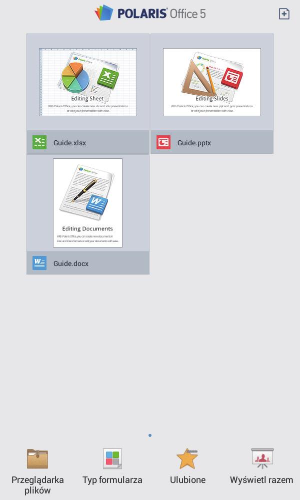 Narzędzia POLARIS Office 5 Ta aplikacja służy do edycji dokumentów w różnych formatach, takich jak arkusze kalkulacyjne i prezentacje. Dotknij POLARIS Office 5 na ekranie aplikacji.