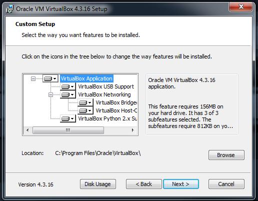 Rys. 5 Instalowanie VirtualBox 6. W kolejnym oknie, można określić składniki środowiska VirtualBox jakie zostaną zainstalowane oraz miejsce zainstalowania tego środowiska w komputerze.