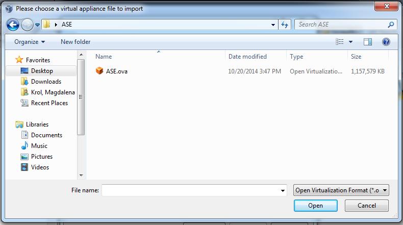 8. W okienku wyboru pliku, otwiera folder zawierający rozpakowany uprzednio plik ova, zawierający Serwer i otwiera ten plik. Rys. 18 Wybór pliku do importu 9.