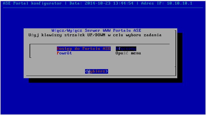 3.4.4 Portal Aby włączyć serwer WWW portalu ASE, Użytkownik: 1. W menu głównym wybiera wiersz Portal Włącz/wyłącz portal ASE i naciska klawisz Enter.