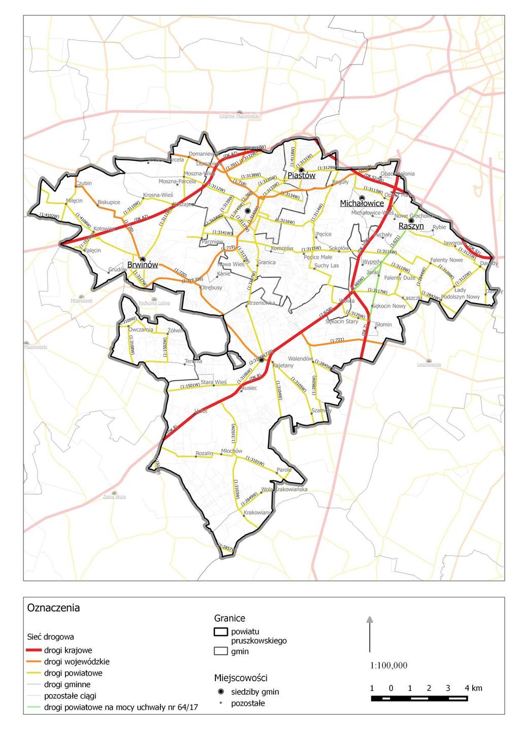 Aktualna sieć drogowa w Powiecie Pruszkowskim DK nr 2 DK nr 7 DK nr 8 DW nr 701 DW nr 718 DW nr 719 DW nr 720 DW nr 721 DW nr 760 drogi powiatowe 166,853 km drogi gminne droga wojewódzka nr 621