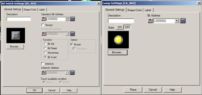 Rysunek 13: Ustawienie dla dwóch przycisków: w trybie Bit Set i Bit Reset Rysunek 14: Ustawienie dla przycisku w trybie Bit Invert oraz elementu Lamp.