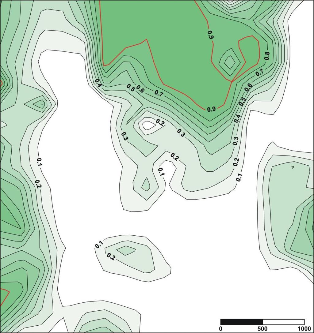 WARSZTATY 2007 z cyklu: Zagrożenia naturalne w górnictwie Rys. 3.7. Mapa prawdopodobieństwa wystąpienia zawartości siarki większej od 2% w pokładzie węgla kamiennego uzyskana metodą krigingu wskaźnikowego (pokład 330, KWK Murcki ) Fig.