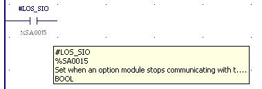 3. %SA15 (#LOS_SIO). Zmienna systemowa o nazwie #LOS_SIO ma adres %SA15. Sygnalizuje utratę komunikacji pomiędzy jednostką centralną a modułem komunikacyjnym ETM001 (np.