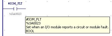 Wyzerowanie zmiennej odbywa się też w przypadku skasowania tablicy błędów PLC lub poprzez wymianę modułu i restart zasilania kasety. 4. %SA23 (#IOM_FLT).
