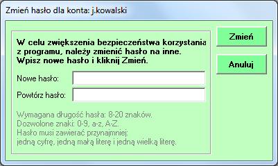 Opcja umożliwiająca włączenie okresowej zmiany hasła Jeśli funkcja jest aktywna, każdemu użytkownikowi co 30 dni wyświetli się okno zmiany hasła na nowe.