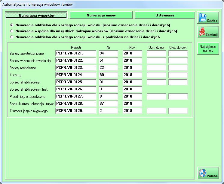 35 7. Konfiguracja wniosków 7.1. Numeracja wniosków i umów Konfiguracja numeracji wniosków i umów dostępna jest w menu Ustawienia / Automatyczna numeracja wniosków i umów.