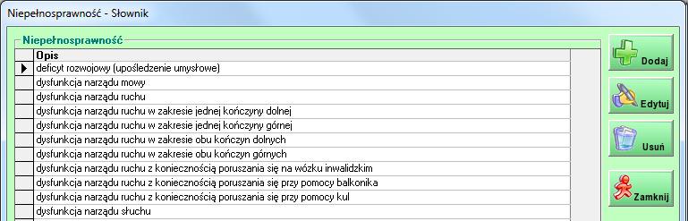 38 7.4. Niepełnosprawność słownik Konfiguracja słownika dostępna jest w menu Ustawienia / Niepełnosprawność - słownik. Moduł Niepełnosprawność słownik 7.5.