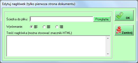 47 [Edytuj nagłówek] otwiera okno edycji nagłówka, w którym można wstawić plik graficzny lub tekst Okno edycji nagłówka szablonu [Usuń szablon] usuwa szablon z programu [Odśwież listę] odświeża listę