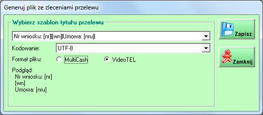 wniosek z listy Generuj zlecenia przelewu otwiera moduł do generowania plików w formacie MultiCash lub VideoTEL