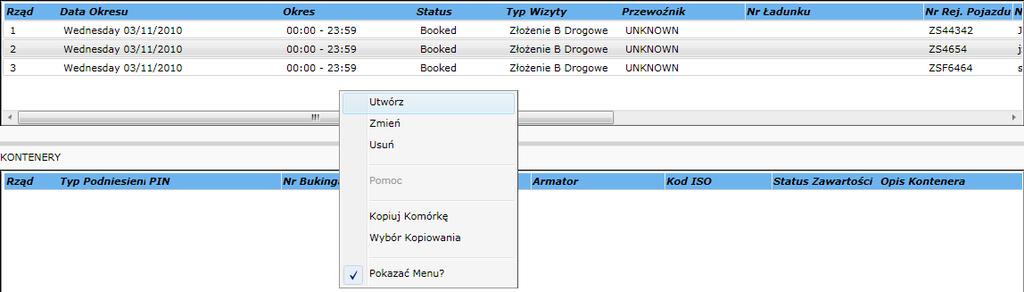 Okno bukowania pojazdów podzielone jest na dwa mniejsze okna: okno u góry ekranu zawiera listę pojazdów zabukowanych w danym okresie, a okno u dołu ekranu kontenery (złożenia/podjęcia) przypisane do