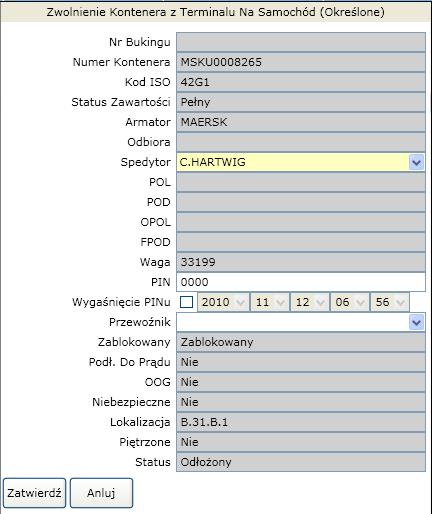 Kontener-> Zwolnienie Kontenera Po wybraniu tej opcji, pojawi się lista kontenerów przypisanych do danego armatora.