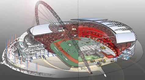 Największą atrakcją architektoniczną nowego Wembley jest rozsuwany dach, podtrzymywany przez