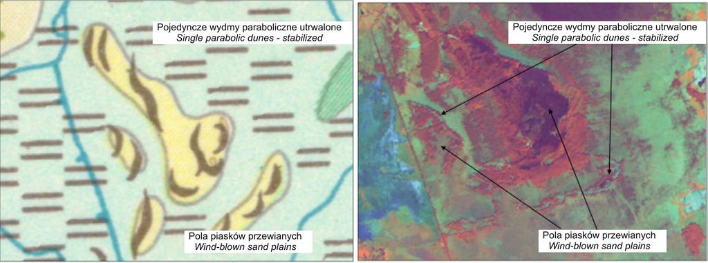 Wydmy w Dolinie Biebrzy, na mapie geomorfologicznej i obrazie Landsat TM. Fig.