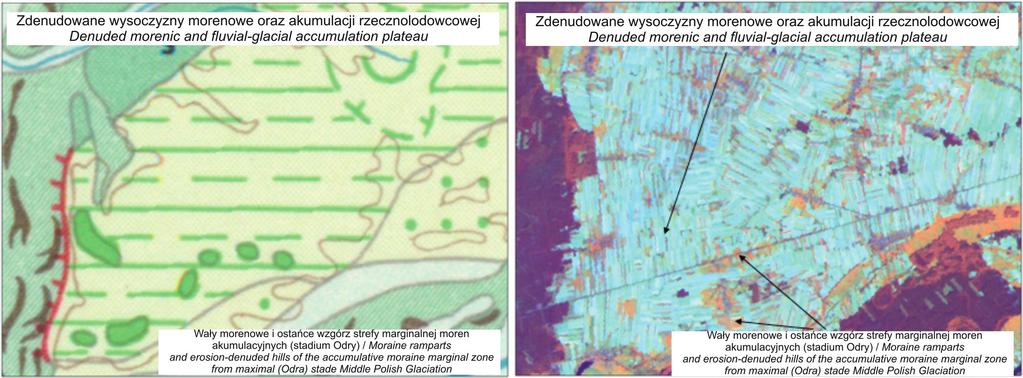 11. Wysoczyzny i wały morenowe na mapie geomorfologicznej i obrazie Landsat TM.