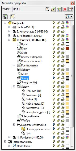 Podstawy działania programu Dla rzutu może być aktywny wyłącznie jeden budynek i jedna kondygnacja. Reszta jest jedynie podrysem, który może być widoczny lub wyłączony ikoną.