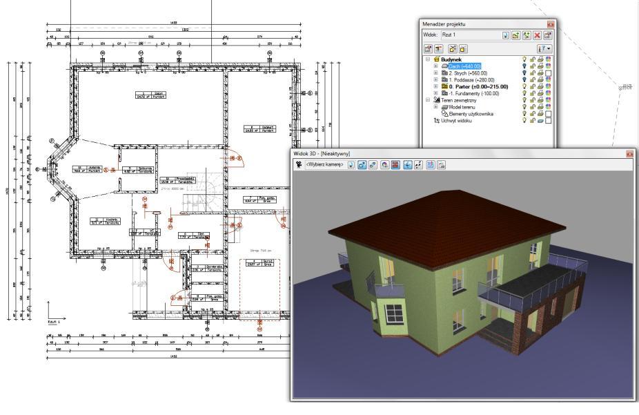 Podstawy działania programu Widok 3D jest obsługiwany analogicznie do widoku rzutu poprzez Menadżera projektu w swoim oddzielnym drzewie Widoku. Od wersji 5.