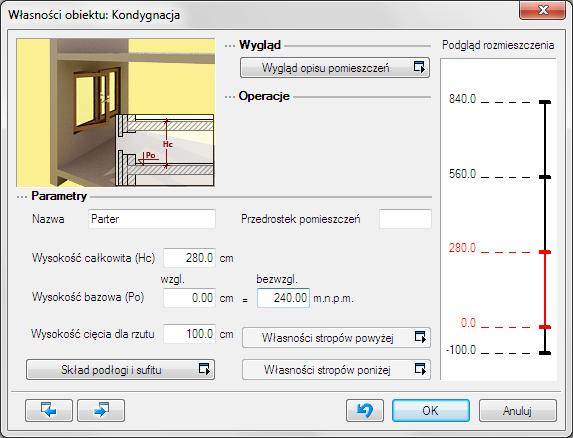 Podstawy działania programu Dla kondygnacji bazowej wprowadzamy dane, gdzie 0.00 budynku (parteru) jest równe 240 m n.p.m. Dla trenu projektowanego natomiast, dla punktów wysokościowych podajemy, że są one na wysokości 239.