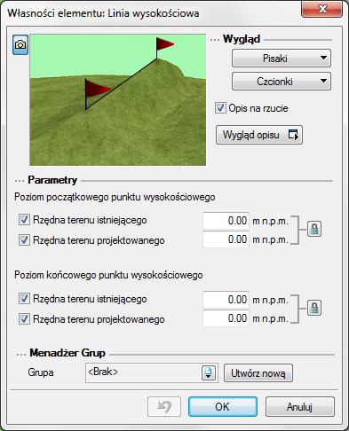 Podstawy działania programu Edycja linii wysokościowej jest podobna do edycji punktów. Można zmienić wartości dla terenu istniejącego/projektowanego, przesunąć punkty linii i podzielić punkty.