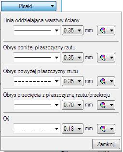 Podstawy działania programu PISAKI Dla każdego elementu programu ArCADia istnieje możliwość przypisania koloru, rodzaju i grubości linii, czyli rodzaju pisaka.