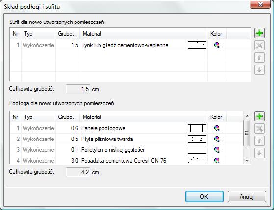 Materiały mogą być przypisywane do każdego pomieszczania osobno. Poniżej okno z domyślnymi parametrami.