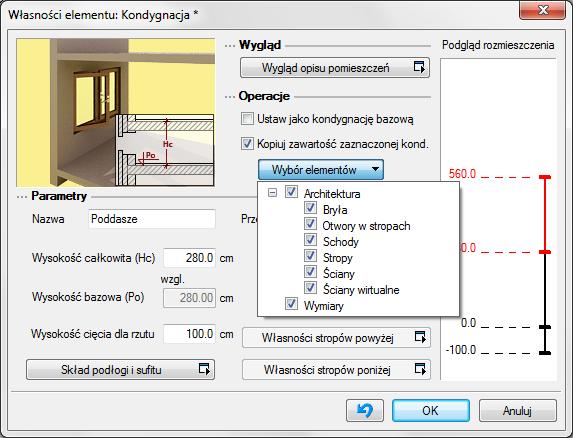 Kondygnacje Operacje przy zadawaniu kolejnej kondygnacji uaktywnia się pole, które pozwala na kopiowanie zawartości aktualnej kondygnacji i zmianę kondygnacji bazowej.