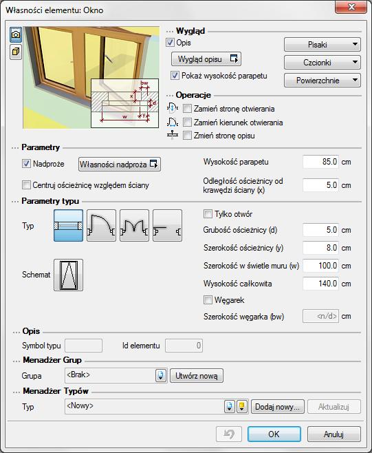 Stolarka okienna i drzwiowa OKNA Wprowadzanie okien Program ArCADia pozwala na wstawianie, na rzutach ścian (jedno lub wielowarstwowych), definiowanych przez użytkownika otworów okiennych (z