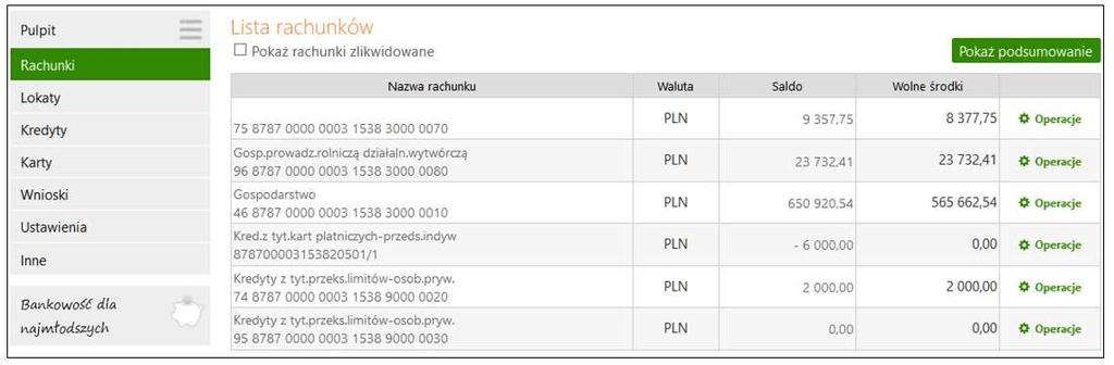 RACHUNKI Lista rachunków wyświetla listę rachunków dostępnych do obsługi przez Internet.