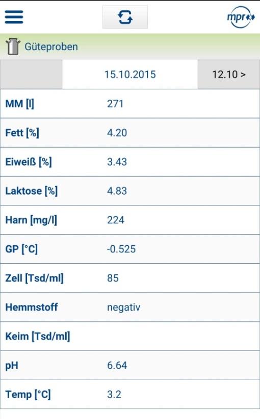 Próby jakości: próby, które są pobierane w ramach rozporządzenia o jakości mleka i badane w siedzibie mpr. Wenn Sie nun auf eine Zeile tippen, erhalten Sie die Detailansicht zu diesen Werten.