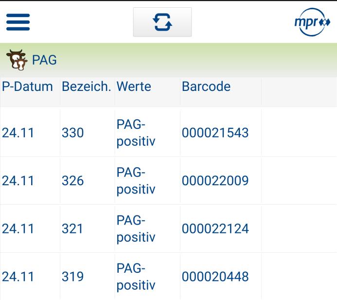 PAG Tippen Sie auf PAG und Sie erhalten einen Überblick über die Ergebnisse des PAG-Tests aus Milch (Trächtigkeit).