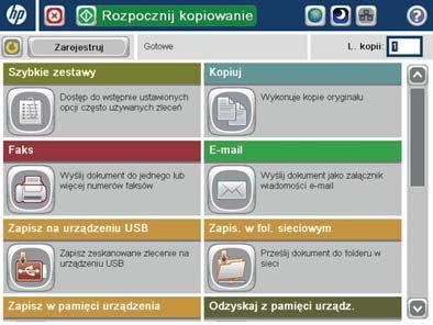 Panel sterowania Ekran główny panelu sterowania Z poziomu Ekranu głównego można uzyskać dostęp do funkcji urządzenia. Na ekranie wyświetlany jest też aktualny stan urządzenia.