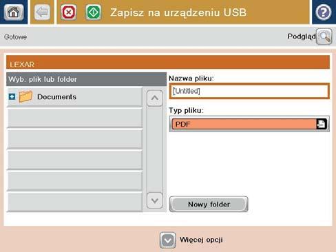3. Na ekranie głównym panelu sterowania urządzenia przewiń i dotknij przycisku Zapisz na USB. UWAGA: Po wyświetleniu monitu podaj nazwę użytkownika i hasło. 4.