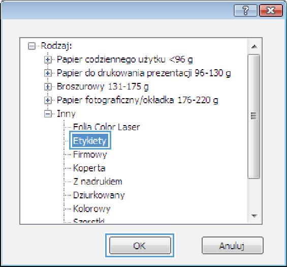 7. Wybierz rodzaj używanego papieru, a następnie kliknij przycisk OK. 8. Kliknij przycisk OK, aby zamknąć okno dialogowe Właściwości dokumentu.