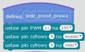 Pomarańczowy blok to blok reprezentujący zmienną. W naszym przykładzie mamy zdefiniowane 2 zmienne: Kat_servo Krok Zmienne definiujemy w zbiorze dane i bloczki.