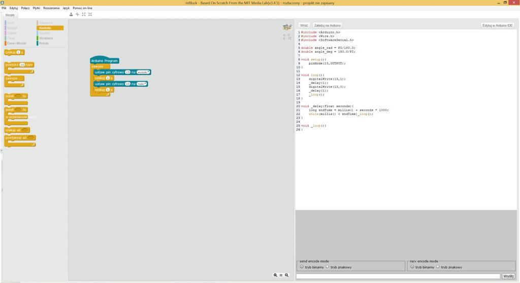 Jak to zrobisz to po prawej stronie w środowisku mblock pojawi się dodatkowy panel z kodem C.