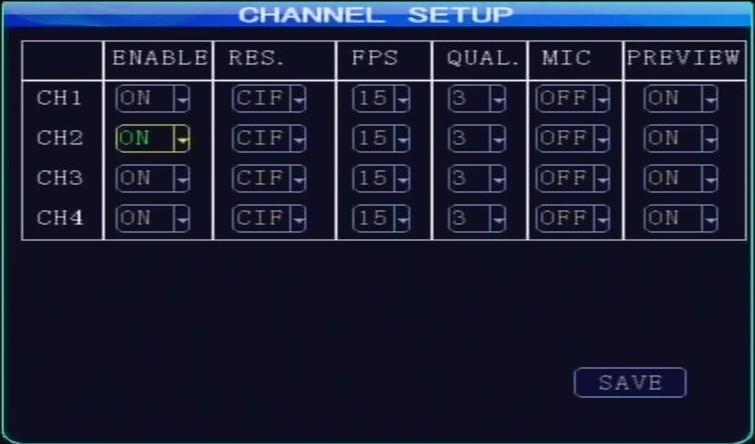 1. Enable włączenie możliwości nagrywania z danego kanału 2. Res - ustawienie rozdzielczości (D1, HD1, CIF) 3.
