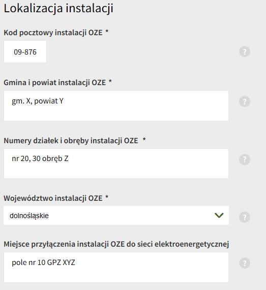 - Parametry instalacji: o rodzaj instalacji OZE (z listy rozwijanej), W przypadku instalacji hybrydowej należy podać parametry instalacji OZE wchodzących w