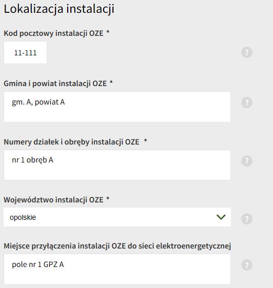 - Parametry instalacji: o rodzaj instalacji OZE (z listy rozwijanej), 31 S t r o n a o W przypadku instalacji