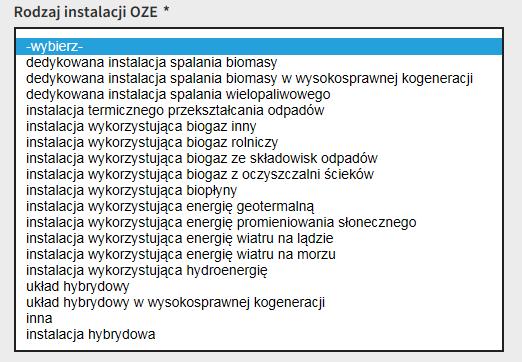 Po kliknięciu przycisku Wybierz instalacje kandydujące Wytwórca wypełnia formularz instalacji składowych dla