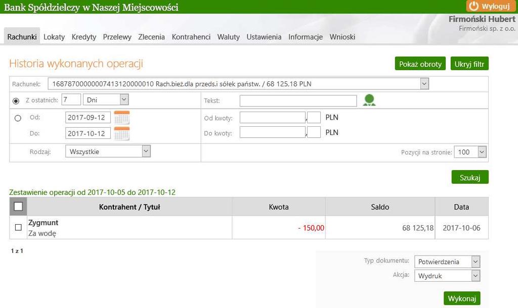 Rys. 7 Okno z filtrem historii operacji Informacje o wykonanych operacjach można uzyskać również wybierając konkretny rachunek a następnie przedział czasowy, za jaki mają być wyświetlone operacje.