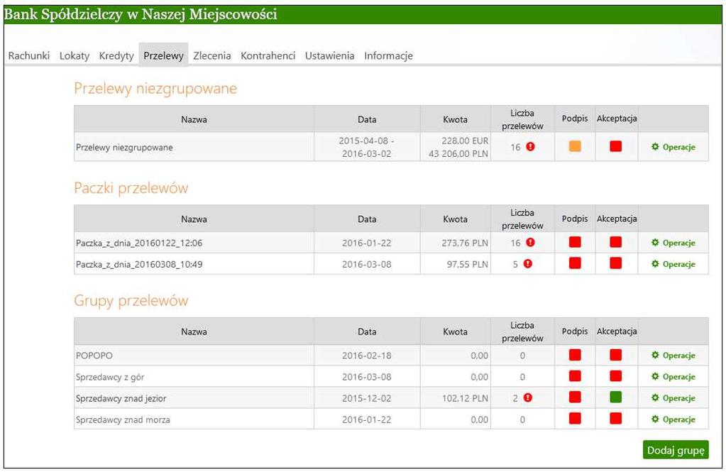 8.9. Widok zagregowany Widok zagregowany to zestawienie przelewów niezgrupowanych, paczek przelewów i grup przelewów.