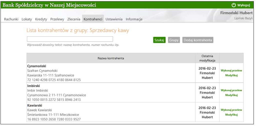 10.2. Lista kontrahentów Poprzez kliknięcie w nazwę grupy, otwiera się okno Lista kontrahentów z grupy (Rys. 36), zawierające kontrahentów z wybranej grupy.