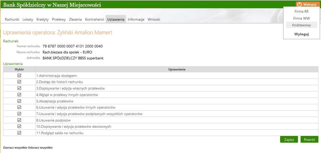 1. Administracja dostępem; 2. Dostęp do historii rachunku; 3. Dopisywanie i edycja własnych przelewów; UWAGA!