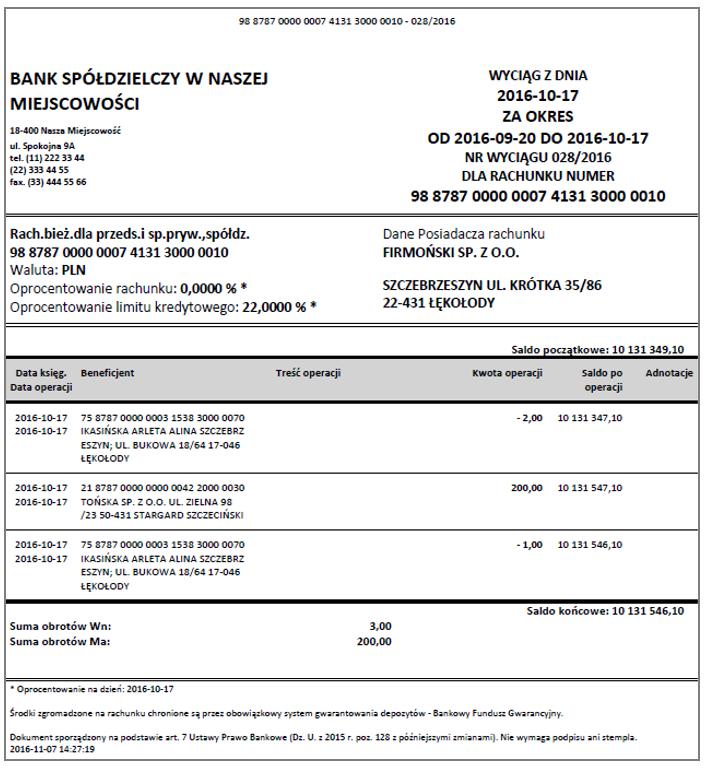 Rys. 47 Okno z wydrukiem wyciągu w formacie Typ 2 Nagłówek pliku SIMP po wybraniu Modyfikuj masz możliwość wyboru czy w nagłówku na wydruku zestawienia płatności masowych ma widnieć napis SIMP lub