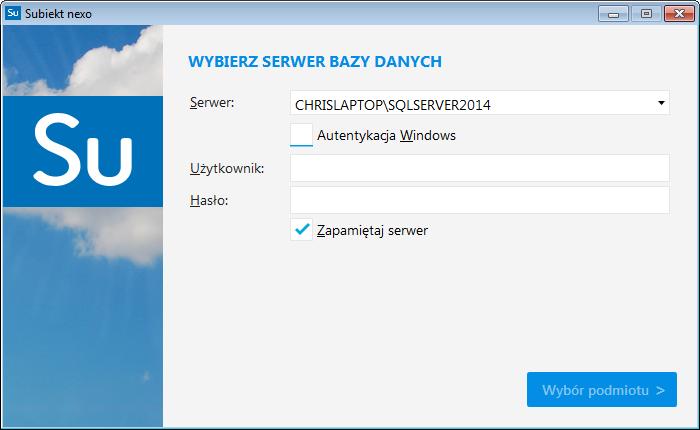 1. W okienku konfiguracji, w polach <Serwer> i <Baza> podaj dane widoczne w oknie logowania do programu Subiekt nexo \